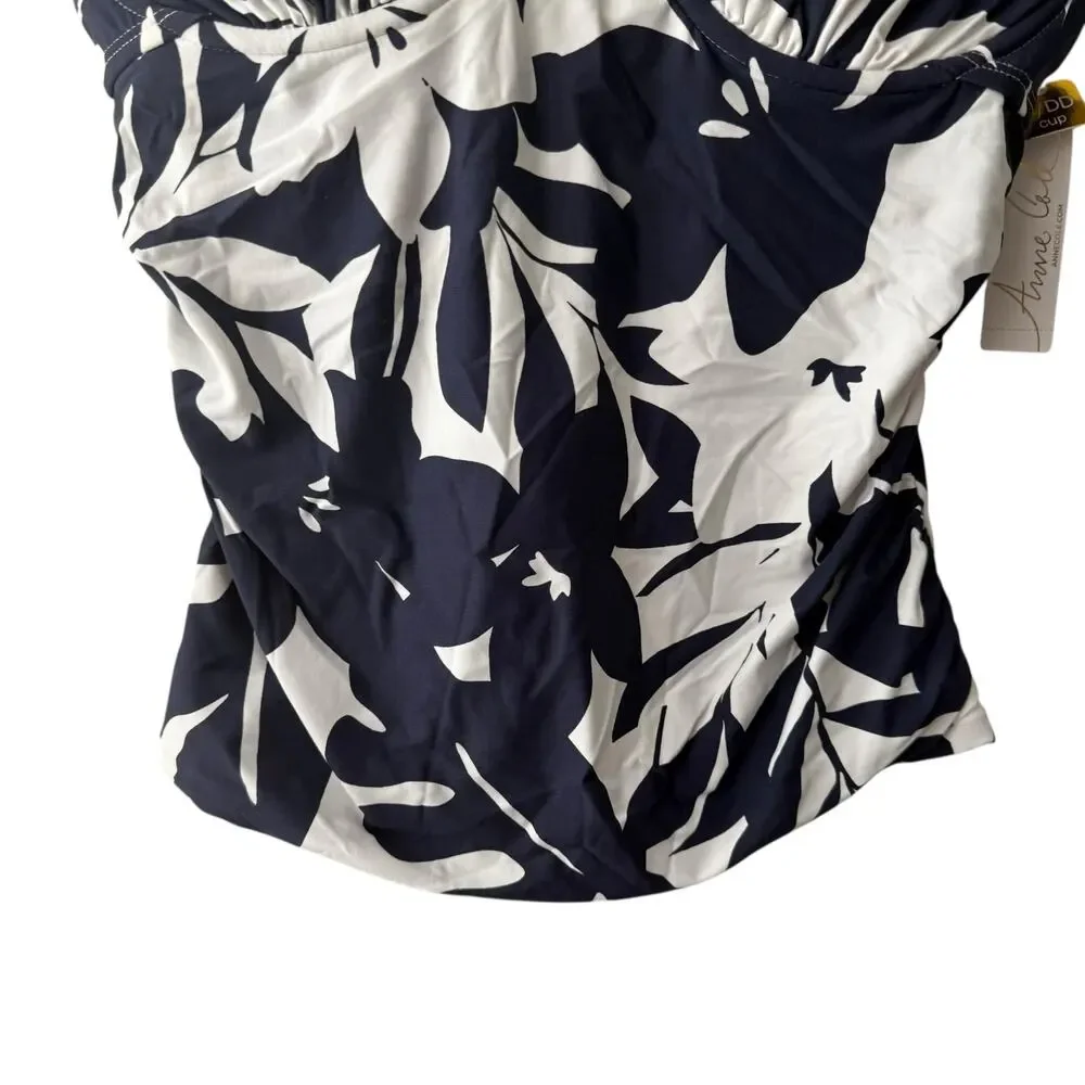 Anne Cole V-Wire Navy White Tropical Palm Print Tankini Swim Top 36DD/38D